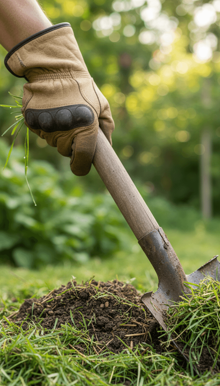Detailaufnahme einer behandschuhten Hand bei der Gartenarbeit
