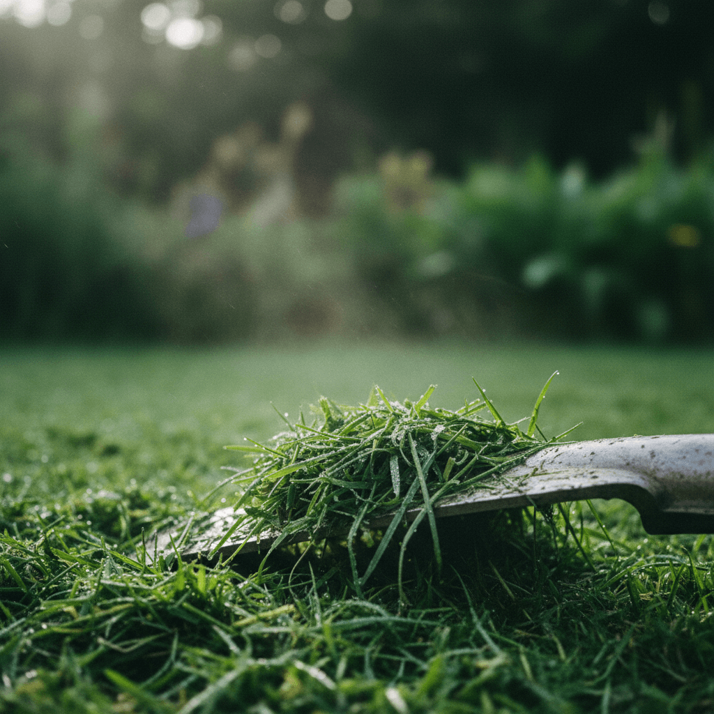 Detailaufnahme frisch gemähten Rasens vor unscharfem Gartengrün