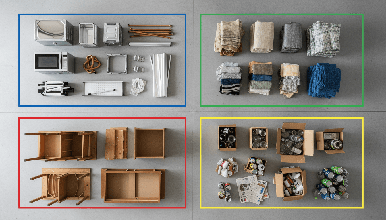 Overhead view of organized sections showing sorted junk materials: appliances, furniture, textiles, and recyclables